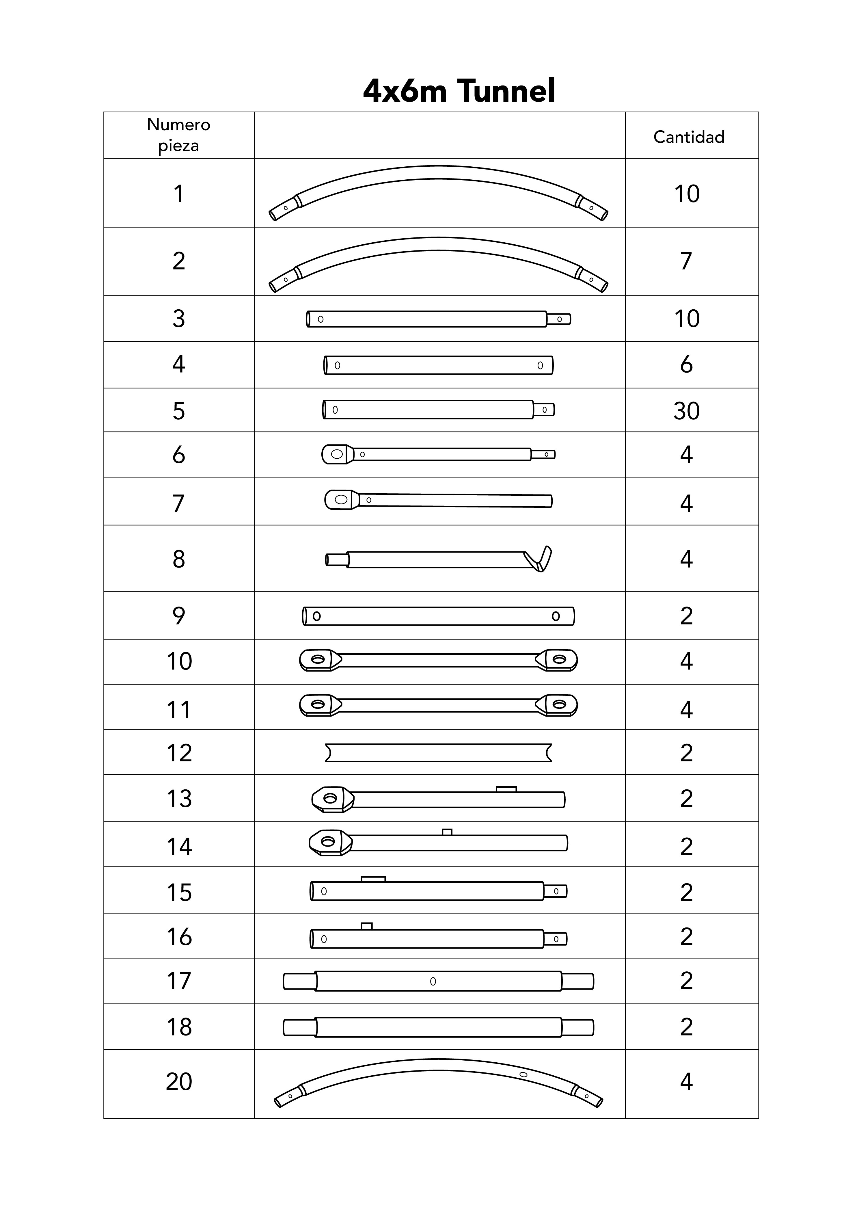 Tabla de componentes numerados con dibujos técnicos